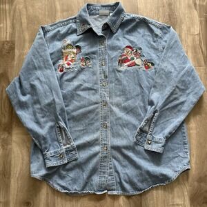 Vintage Bobbie Brooks Christmas Denim Shirt Women's Large Embroidered Teddy Bear
